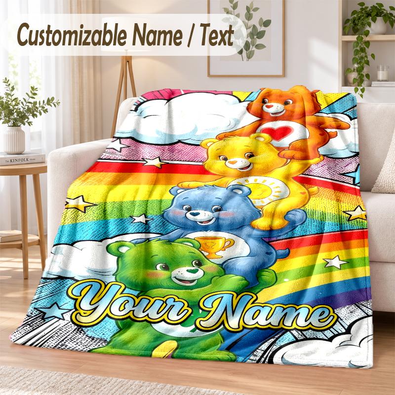 Care Bears Custom Name Flannel Throw Blanket Soft Warm for Sofa Bed Indoor Home Use
