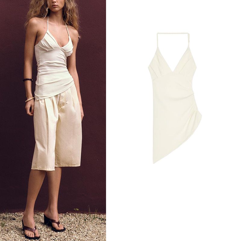 Summer New Product Women's Clothes V Neck Open Back Minimalist Easiest for Match Asymmetric Fold Halterneck Elastic Tops 6050319