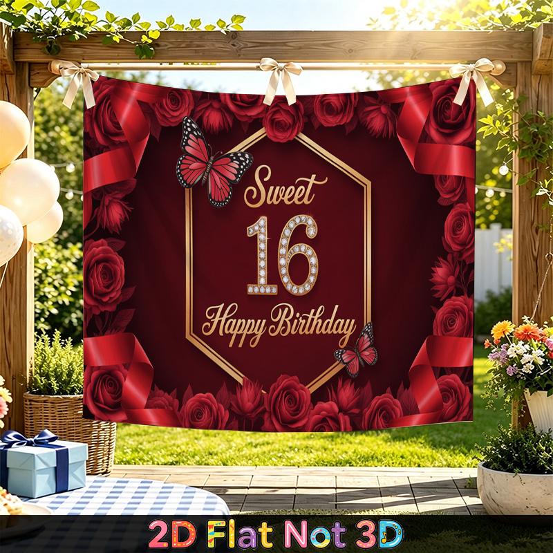 1pc Birthday 16th Rose Floral Luxury Party Banner Red