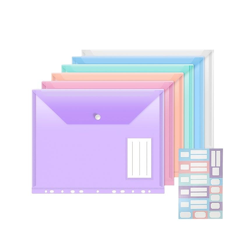 6/12pcs A4 File Pouch for 11-Ring Binders – Expandable Snap Closure, with Label Pocket, Heavy-Duty Plastic Material, for Office