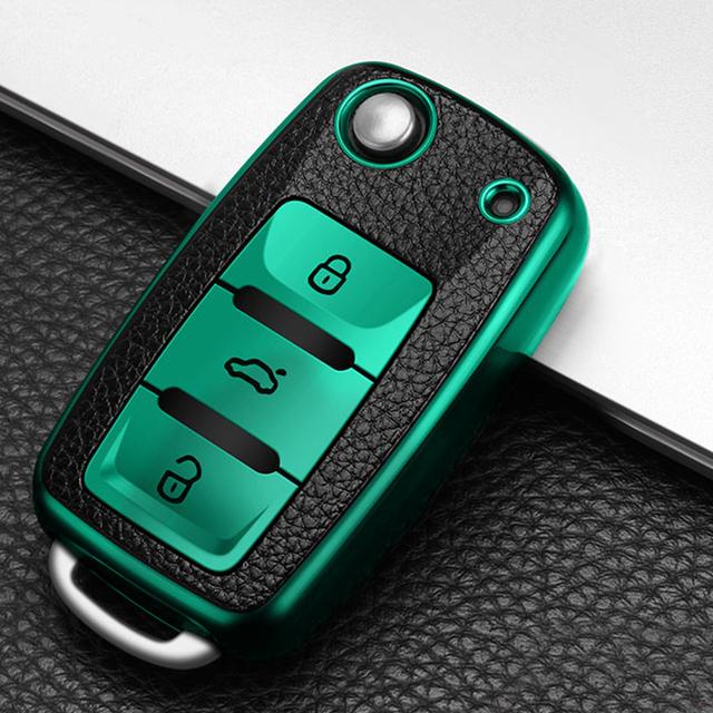 Funda de cuero + TPU para llave de control remoto de coche, funda Fob para Volkswagen VW Bora Polo Tiguan Jetta Passat B5 B6 B7 Golf Beetle para Skoda Octavia