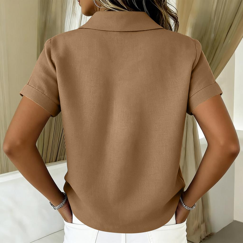 Ladies' Fashionable Casual Button Cotton Linen Short Sleeved Shirt Top