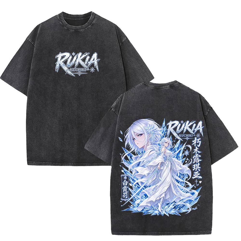 Hot Anime Bleach Rukia Kuchiki T Shirt Vintage Washed Streetwear Men Women Clothing Short Sleeve Casual 100% Cotton T-shirt Tops