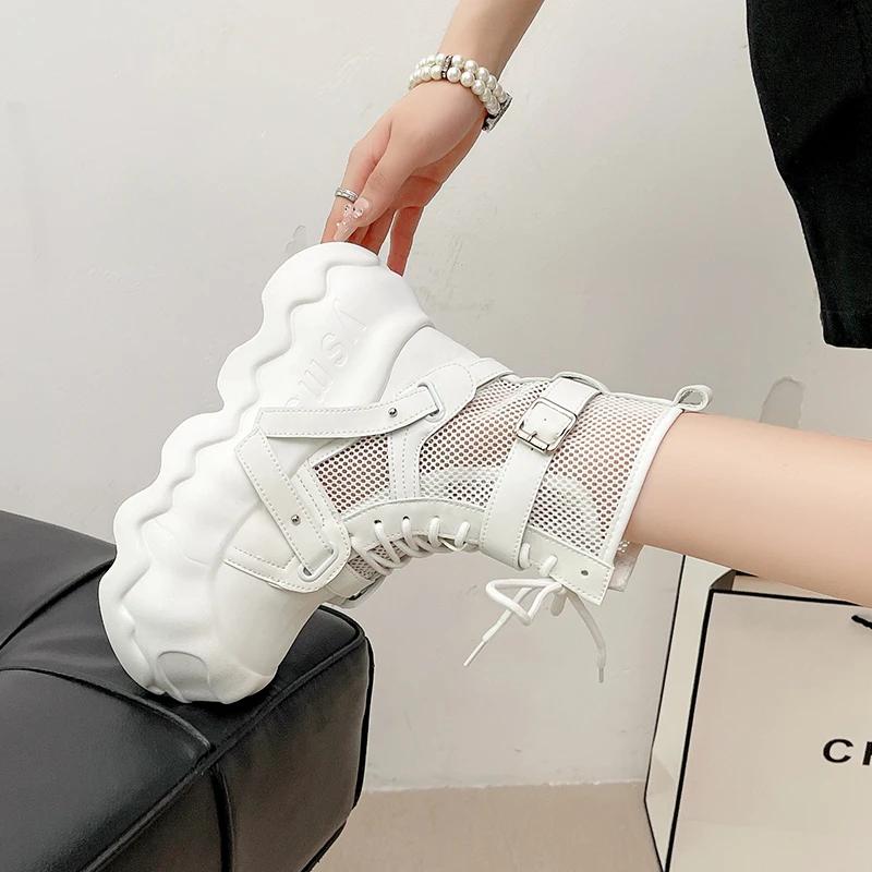 Fashion 8CM Women's Leather Ankle Boots Summer Heels Chunky Sneakers High Platform Zip Motorcycle Fashion Big-headed Short Boots Woman