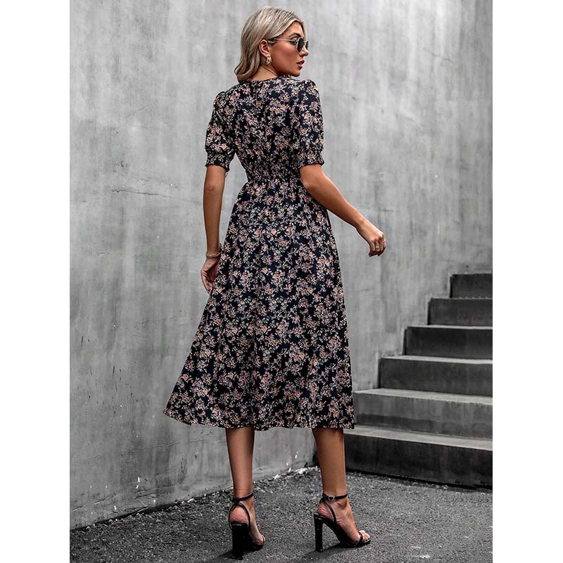 MODIQUE 2025 Yaz Yeni Kadın Zarif Çiçek Desenli Kabarık Kollu Lastikli Bel Uzun Elbise Bayan Günlük A-Kesim O Yaka Elbise