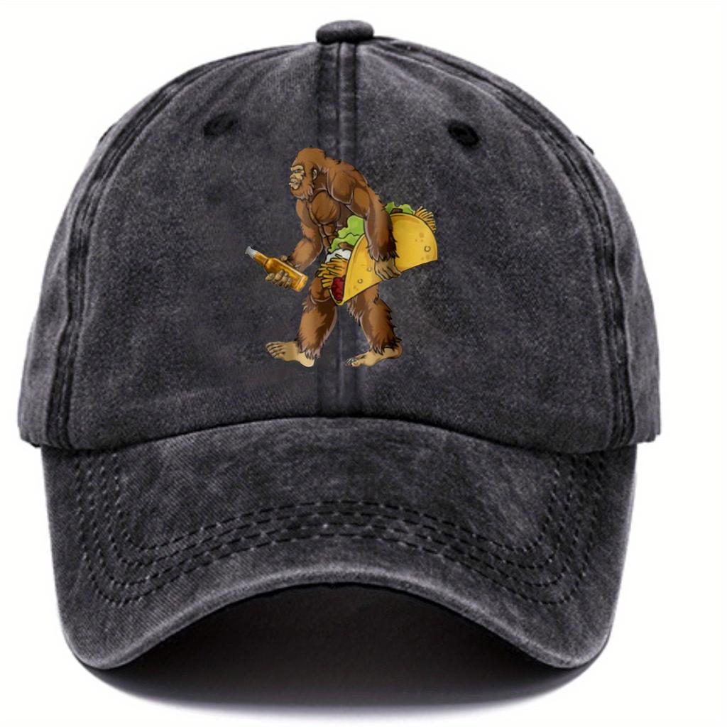 Gorilla Holding Beer And Taco Baseball Cap Denim Washed Adjustable Outdoor Sports Cap Unisex