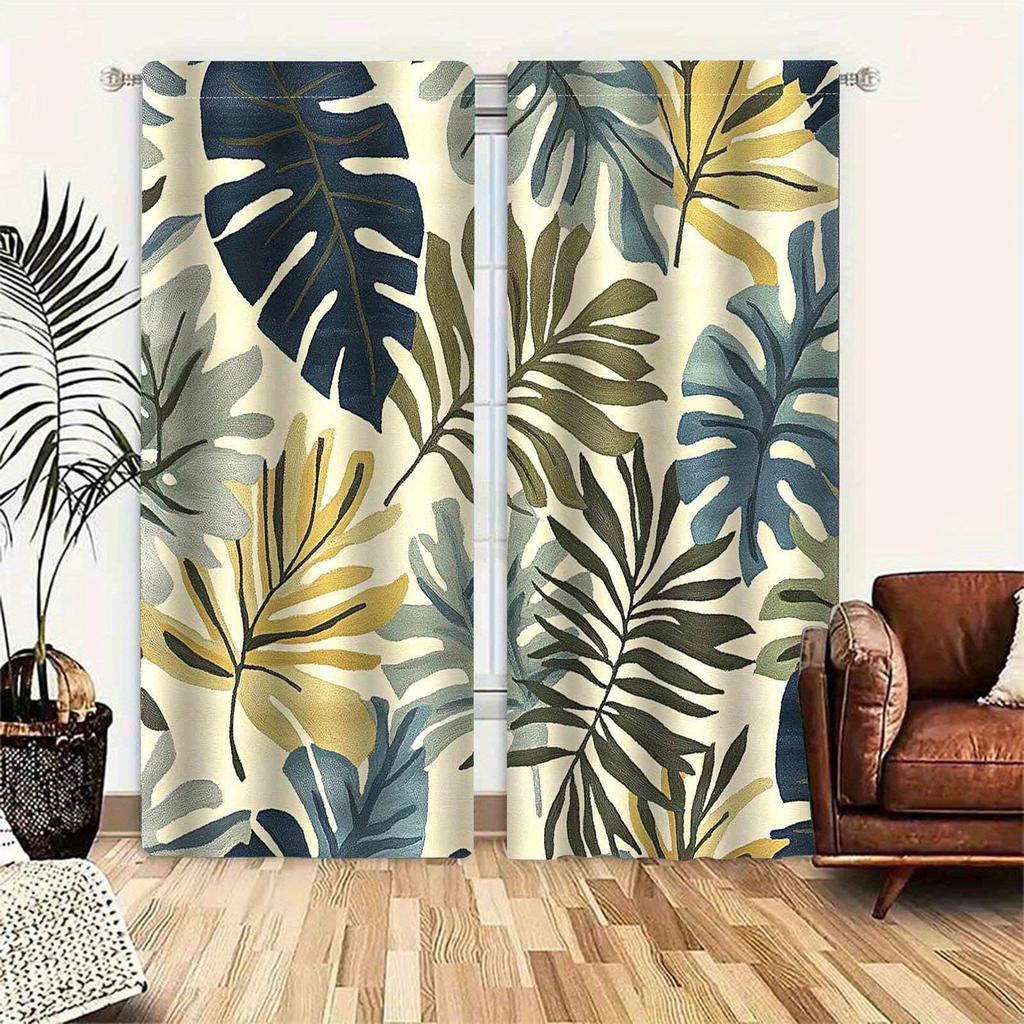 2pc Tropical leaf print curtains, polyester fabric, machine washable, suitable for bedroom, living room, office decoration