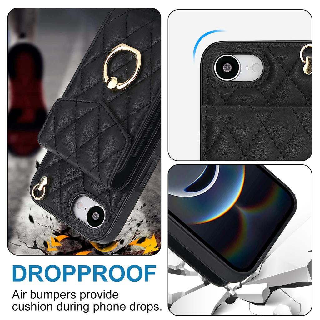 For iPhone 16e Case RFID Blocking Card Bag Leather+TPU Crossbody Phone Cover with Ring Kickstand