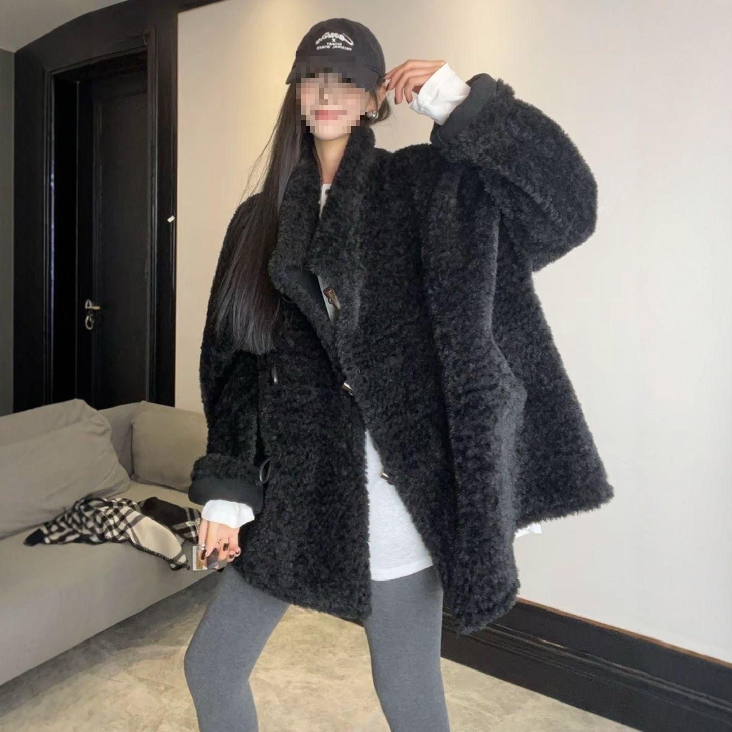 Women s Medium-Length Double-Sided Faux Lamb Fur Horn Button Coat Small