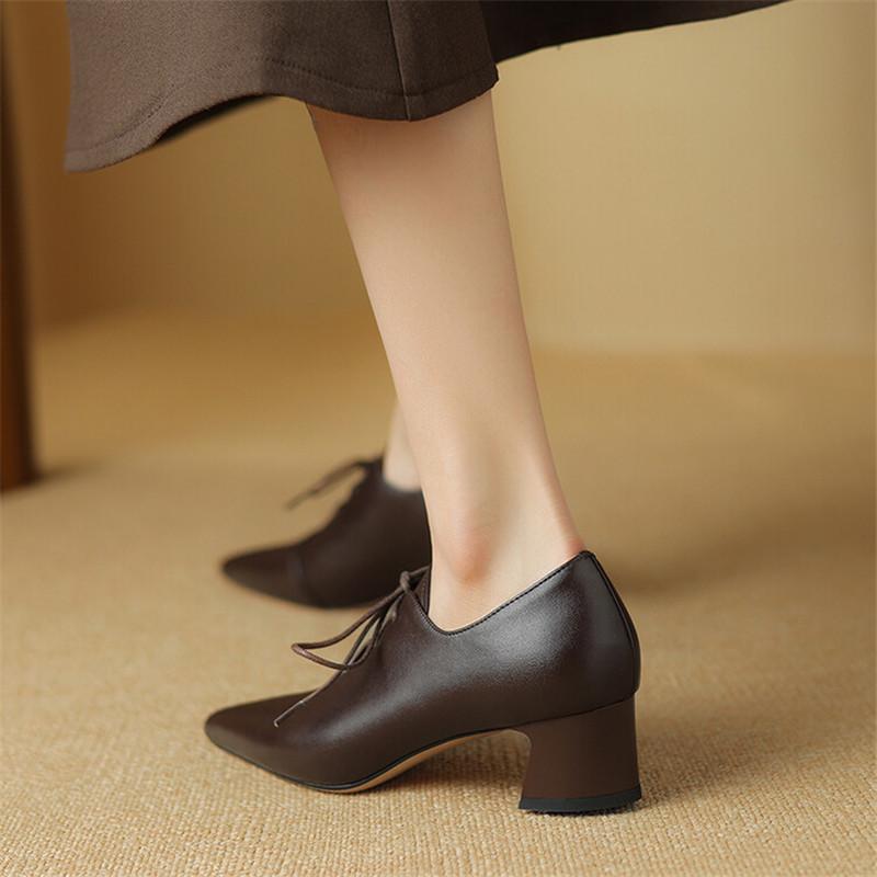 Fashion New Spring Split Leather Women Shoes Pointed Toe Women Pumps Chunky Heels Loafers Shoes for Women French Retro Lace Casual Shoes