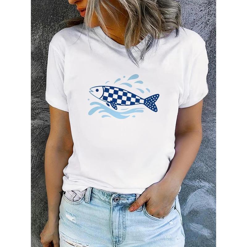 T-shirt da donna estive a maniche corte stampate, alla moda e casual, lavabili in lavatrice, vestibilità comoda, stampa piatta 2D