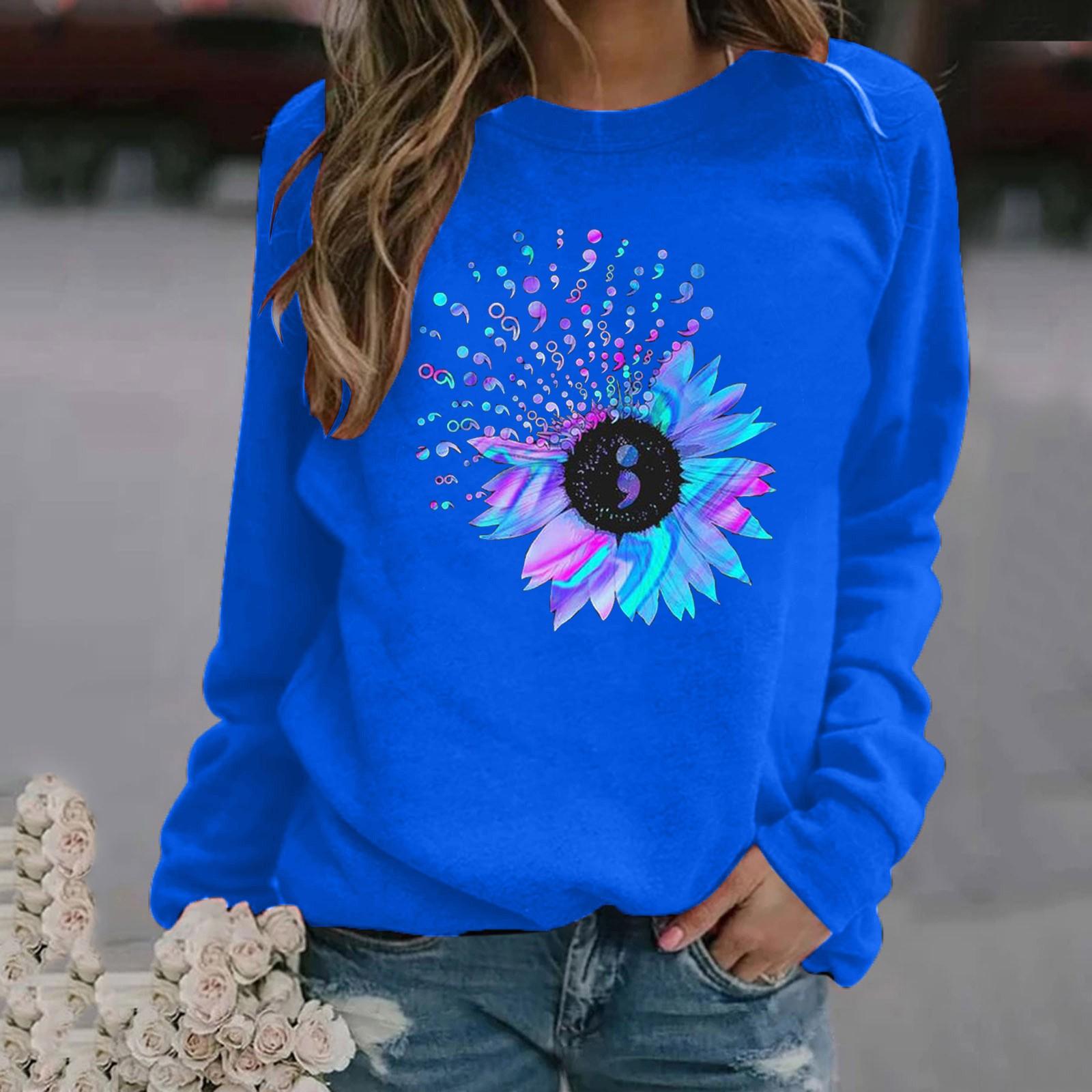 

Women s Fashion Casual Print Round Neck Sweater Loose Sports Tops Pullover XL синий