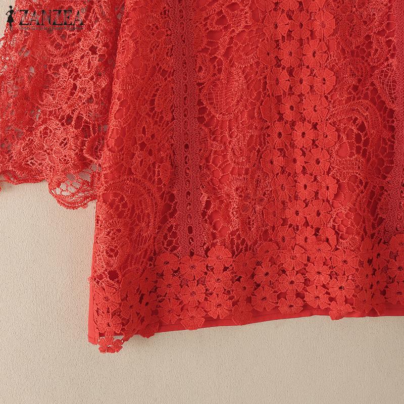 ZANZEA Damen Sommer Aushöhlen Spitze Häkeln Patchwork Kurzarm Bluse