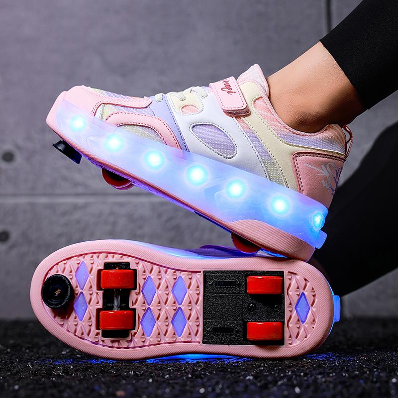 Kid's Luminous Sneakers Led Light Shoes Children's /Boys /Girls USB Charging Glowing Wheels Parkour Roller Skate Shoes
