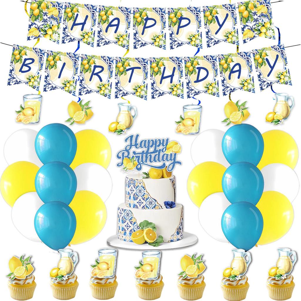 Lemon-Themed Wedding & Birthday Party Tableware Set with Banner, Cutlery, and Napkins.