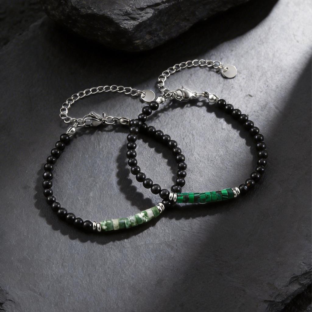 Vnox Adjustable Trendy Natural Stone Bracelet for Men, Stainless Steel Malachite Green Spot Stone Black Onyx Beaded Bracelet NEW