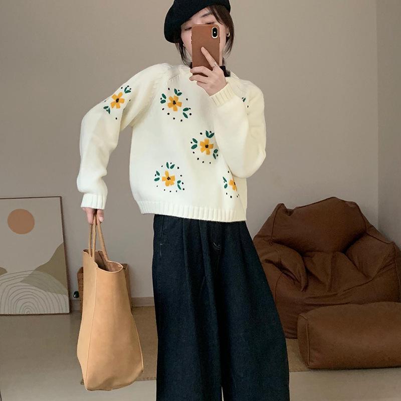 

Вязаный пуловер с 3D-вышивкой в стиле ретро, осень/зима 2023 - Женский трикотажный топ свободного кроя, стройнящий фигуру. One Size