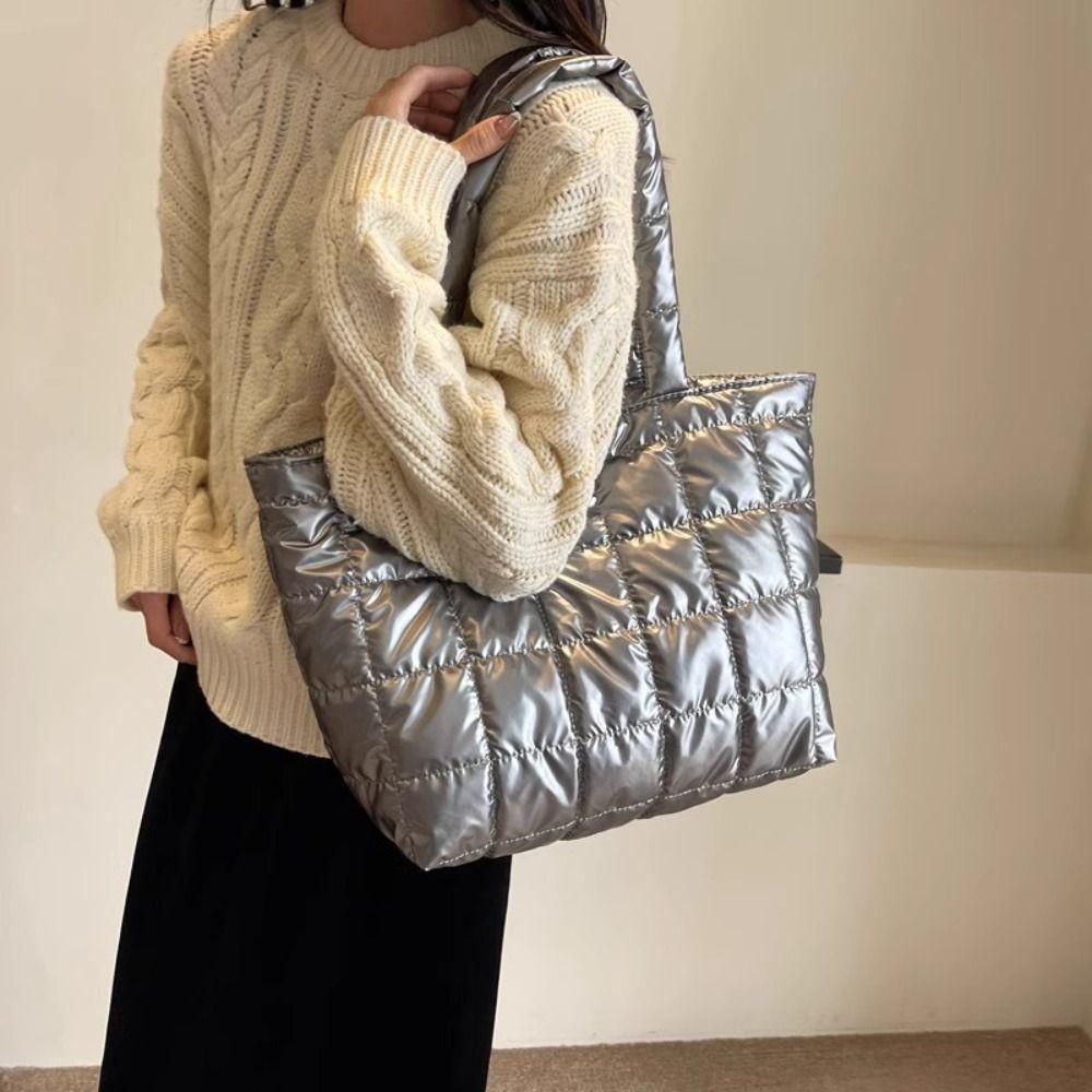 Large Capacity Down Cotton Shoulder Bag Korean Style Nylon Handbag Puffy Bag Autumn Winter