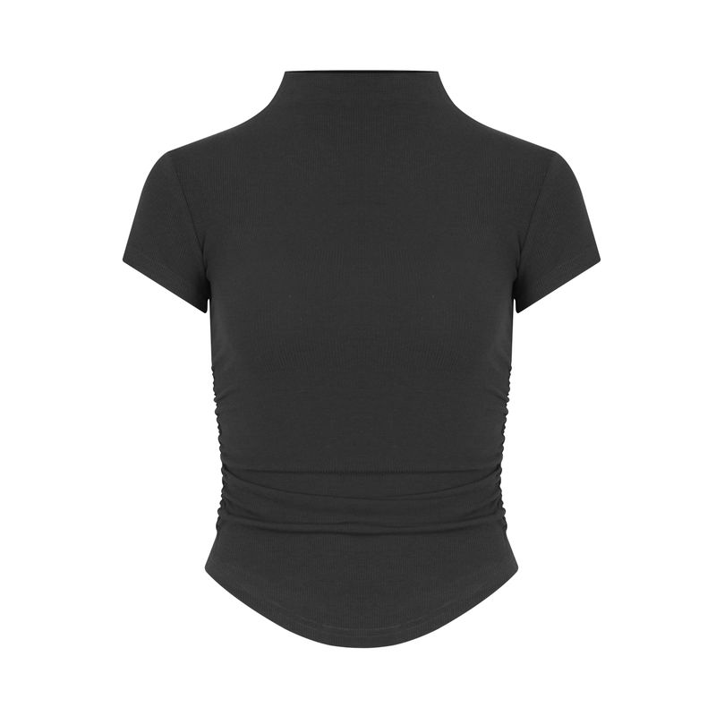 

Homemade Pure Desire Shoulder Slimming Solid Half-high Collar Short Top Gyaru Ins Tight Short Sleeved T-shirt Summer Black M