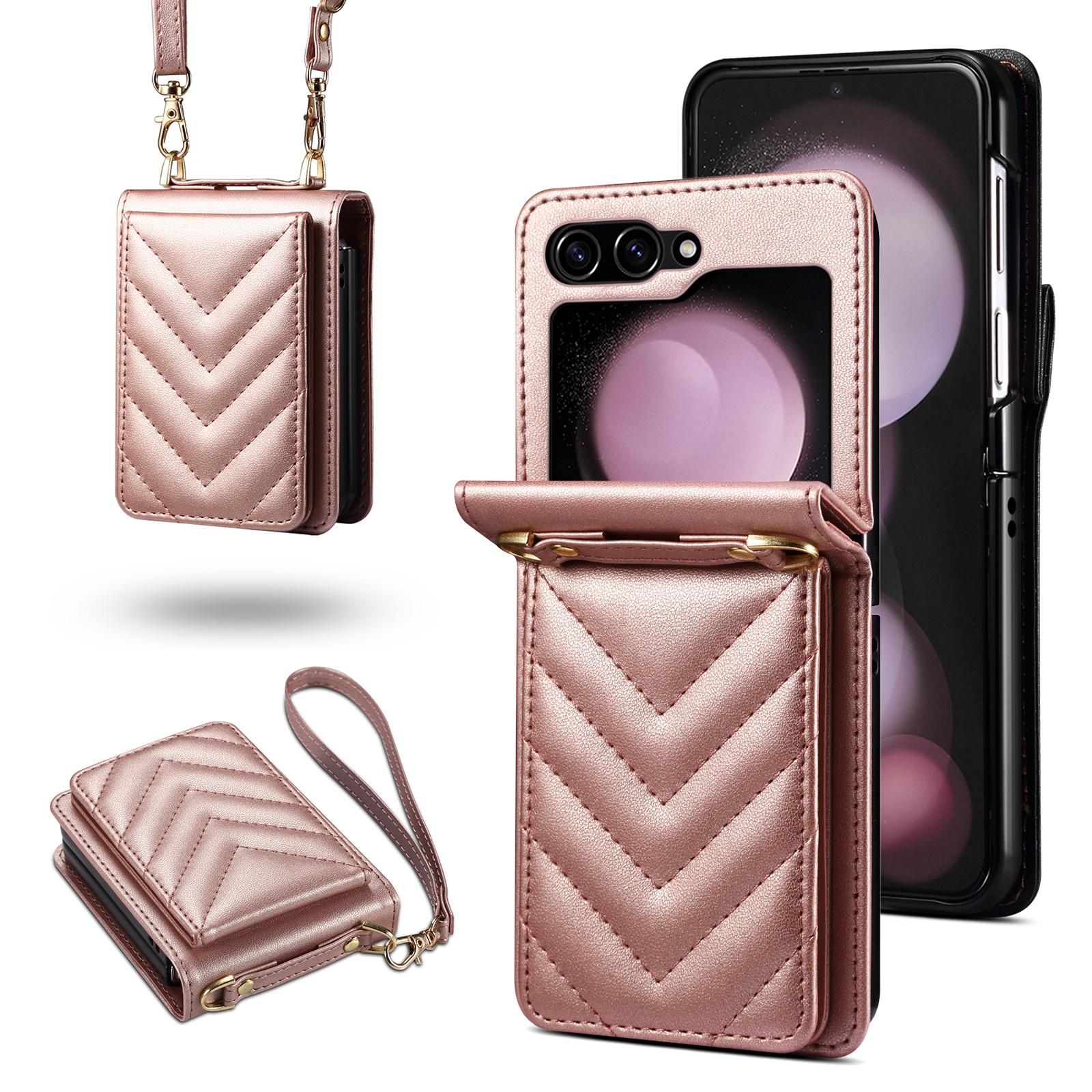 

For Samsung Galaxy Z Flip6 5G Case PU Leather+PC Crossbody Phone Cover with Card Holder Rose Gold