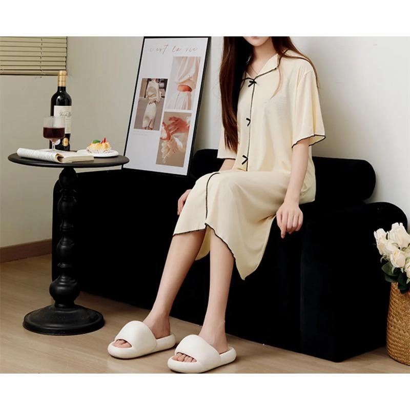 

Пижамы женские из ледяного шелка, летнее женское платье с бантом и V-образным вырезом, домашняя одежда, студенческие пижамы для девочек, одежда для девочек One size жёлтый