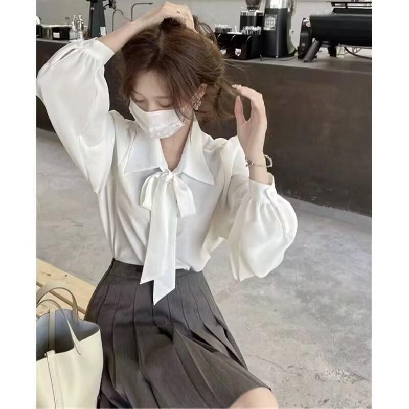 Lantern Sleeve Temperament Fall and Winter Bow Shirt White Blouse Female Long Sleeve Tie Design Sense Career Tops Temperament Elegant Fashion Top