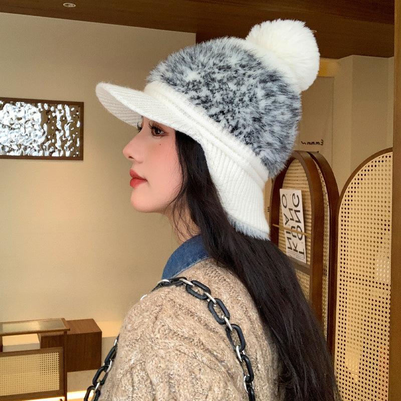 New Autumn and Winter Hats for Women Color Blocking Knitted Wool Hats with Neck Protection and Two Baseball Caps for Winter Warm Ear Protection Hats