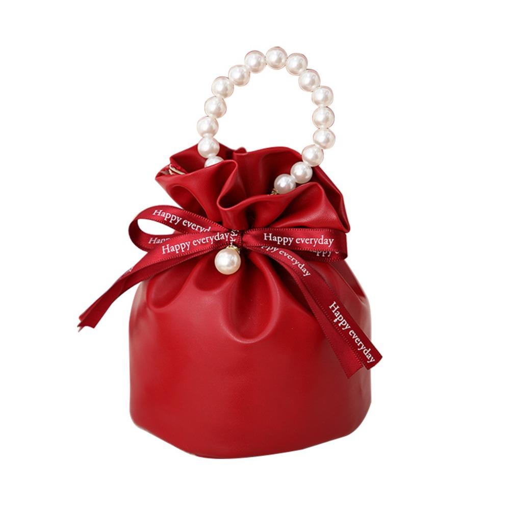 

Сумка для хранения ПУ Сумка на шнурке Однотонная Ручка из жемчуга Сумка на запястье Свадебная сумка для конфет Новый год красный