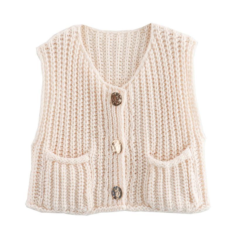 Winter New Women's Clothing Vest Simple Pocket Sleeveless Short Knitted Vest Cardigan Top