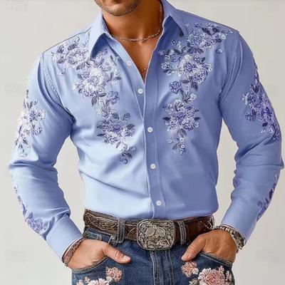 Herren Lässiges Blumenbesticktes Hemd Langarm Knöpfe Westernhemd