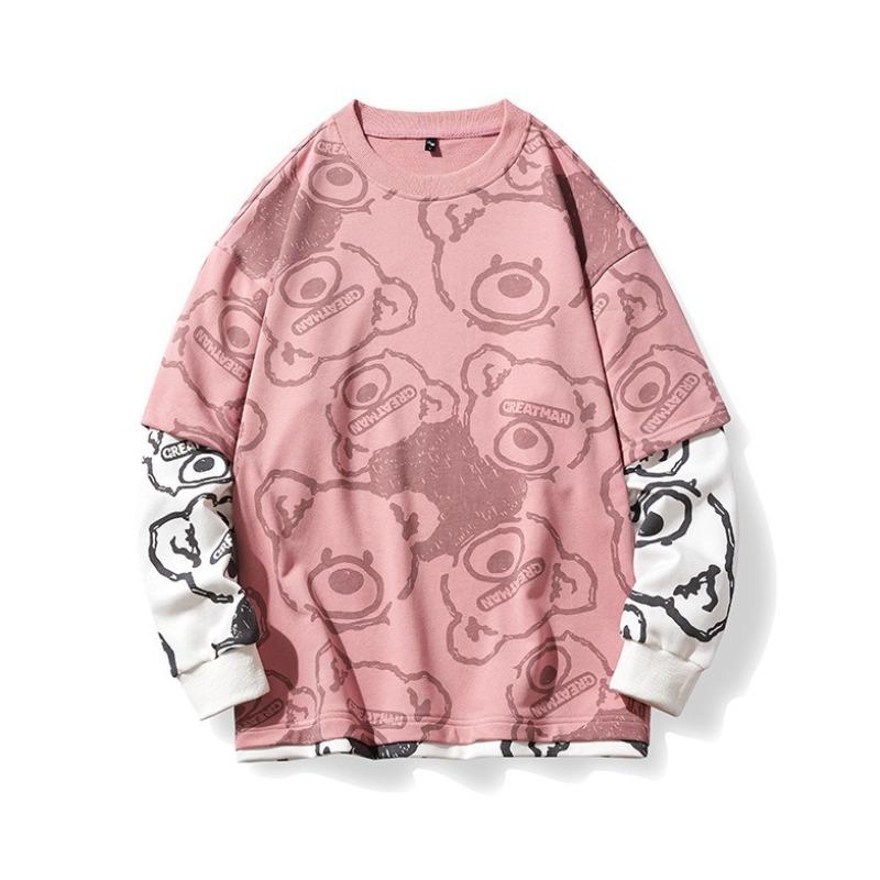 

Поддельный двухкомпонентный свитшот с принтом, мужской свитер с круглым вырезом на весну и осень, мужской свитшот с открытыми плечами и принтом медведя 3XL розовый