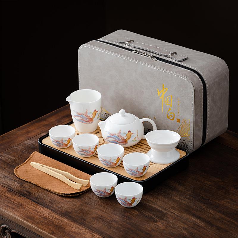Suet Jade White Porcelain Tea Set Guochao Set Office Storage Kung Fu Tea Set Business Gift Tea Set