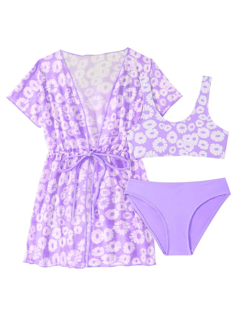 Mädchen 3-teiliger Rash Guard Badeanzug Tankini Oberteile Coverup Strandbekleidung Blumendruck Badeanzug Sonnenschutz Kleid Sommerurlaubsset