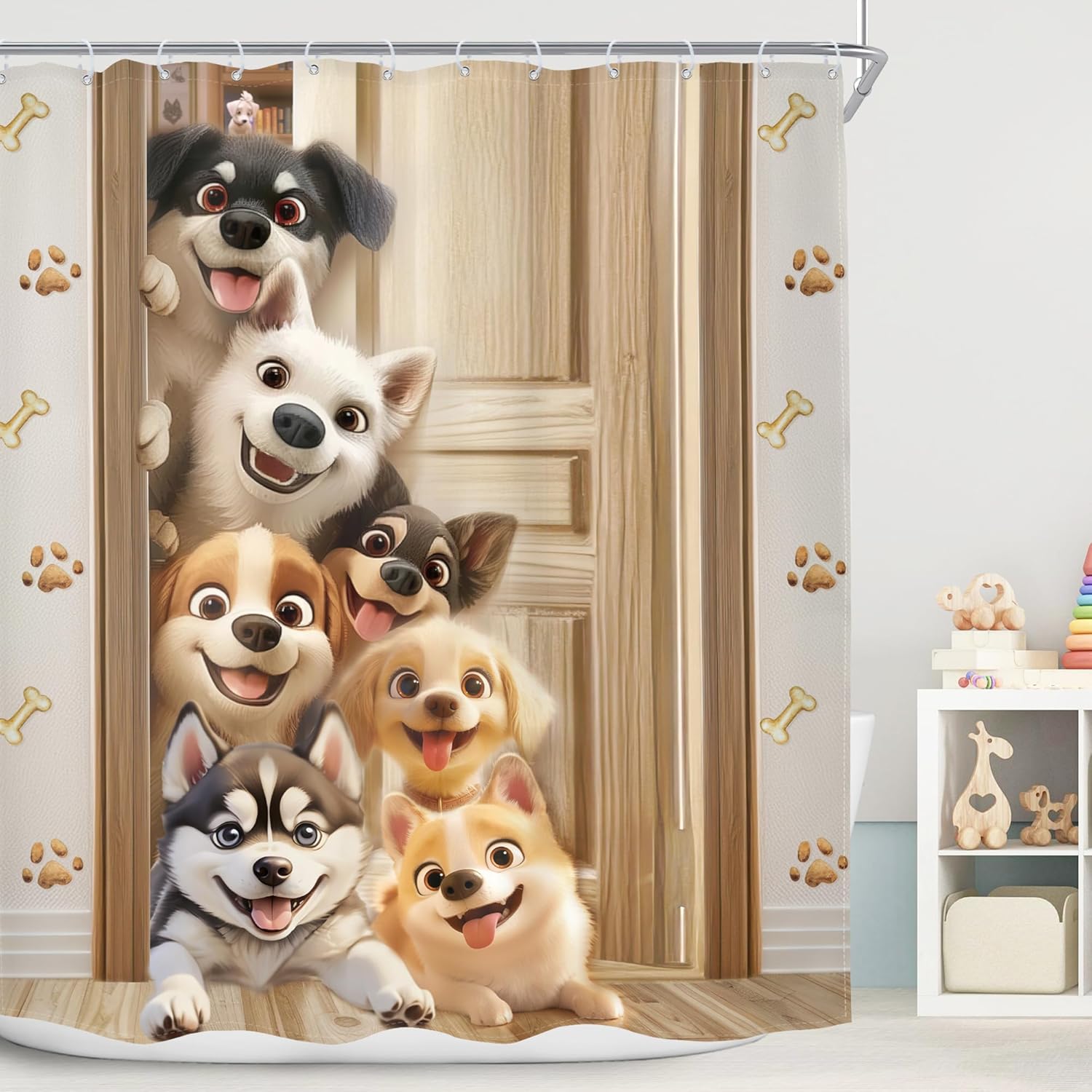 

Funny Dog Shower Curtain Farmhouse Cute Animals Rustic Barn Door Puppy Bathroom Curtain Vintage Wooden Plank Bath Curtain Cloth W60H190(CM)-1 Pcs