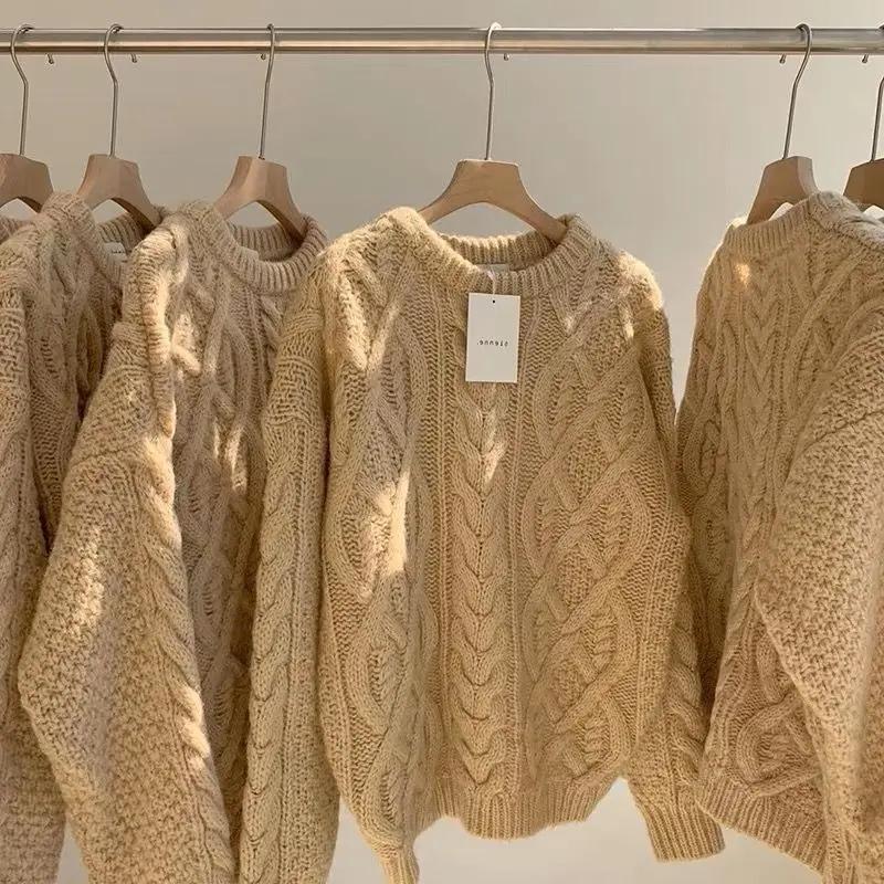 Japanese Retro Korean Off White Fried Dough Twists Sweater Women Thickened Outer Loose Lazy Style Thin Wool Knitting Top Female