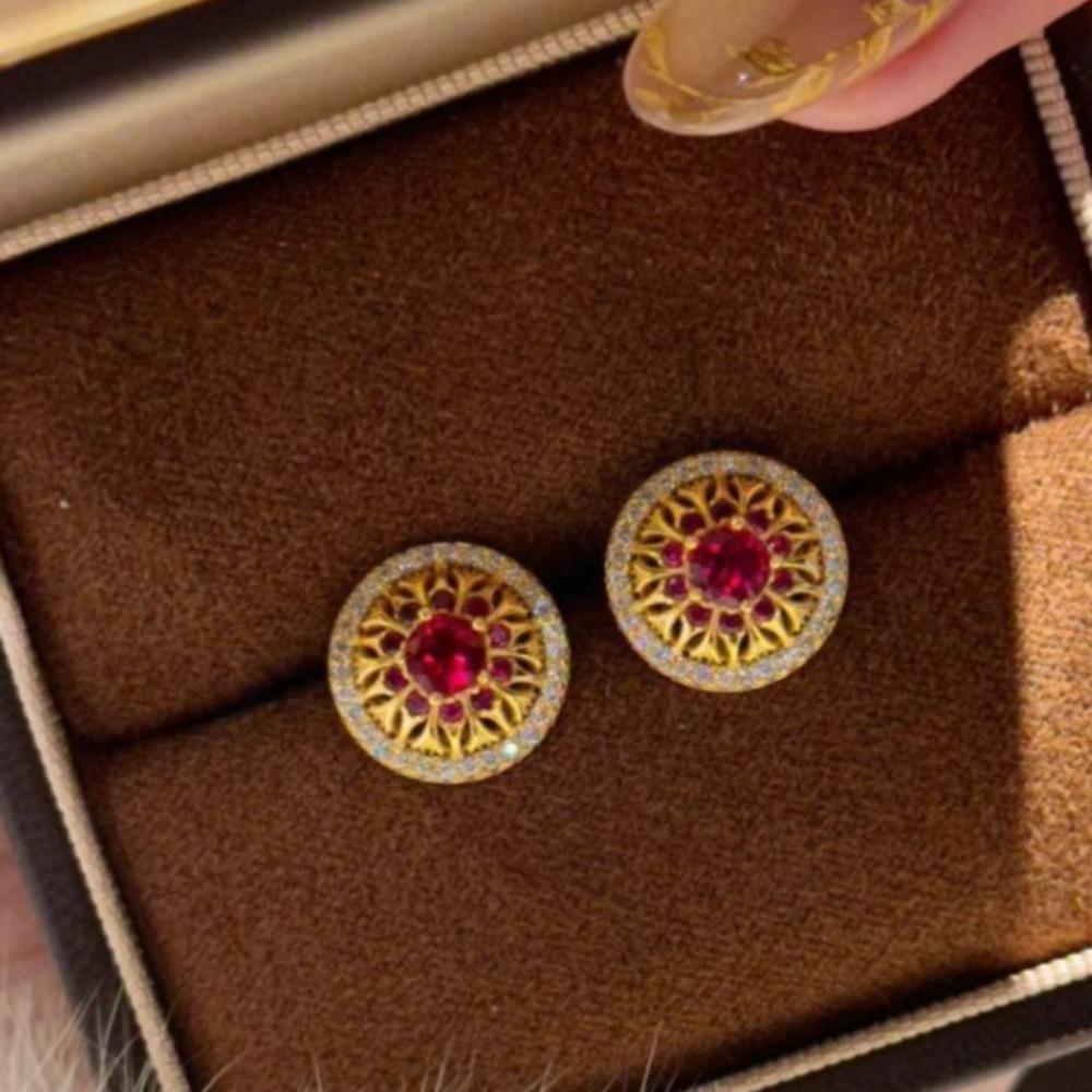 ose Window Earrings with Simulated Ruby and Full Diamond Weave Carved Gold Red Corundum Earrings for Women