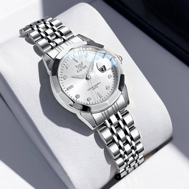 OPK Quartz and Date Luminous Stainless Steel White Women's Watch, Fashionable, Popular, Casual, Elegant, Lightweight, Easy-to-Read, Display,