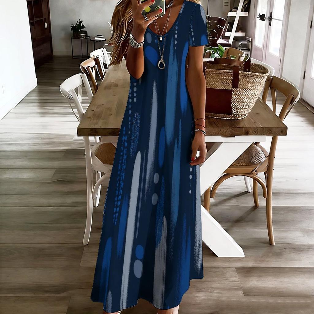 Women Plus Size V Neck Short Sleeve Printed Casual Straight Long Dress