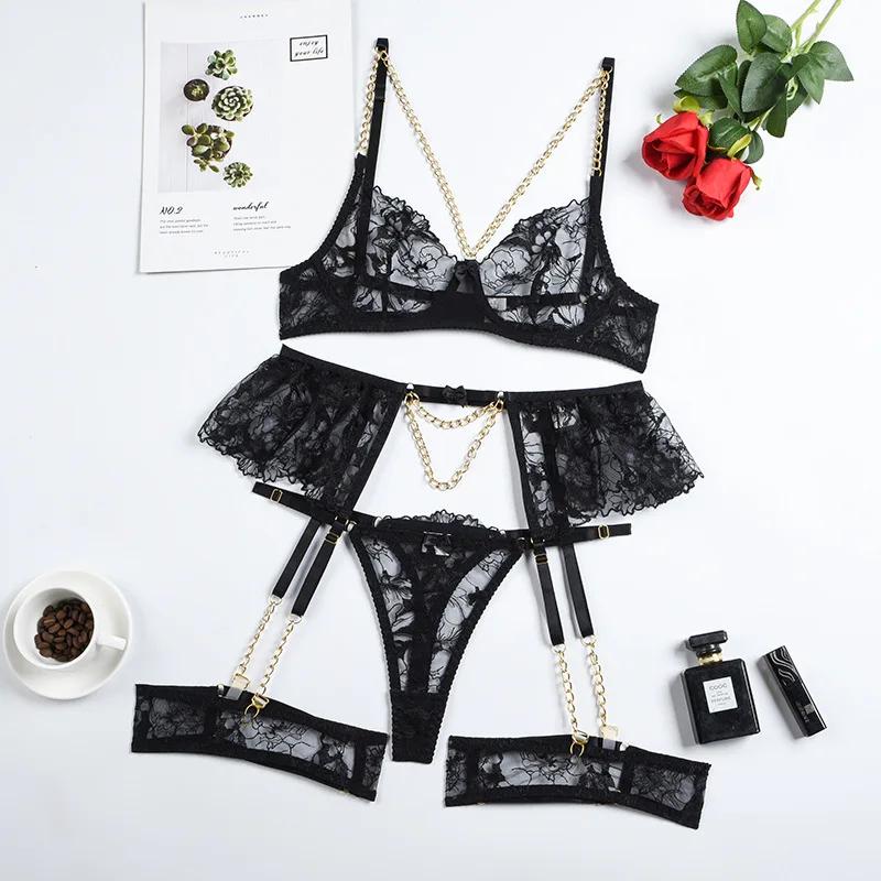 Sexy Lace Mesh Suspender Lingerie Set for Women Three Point Underwear Bodysuit