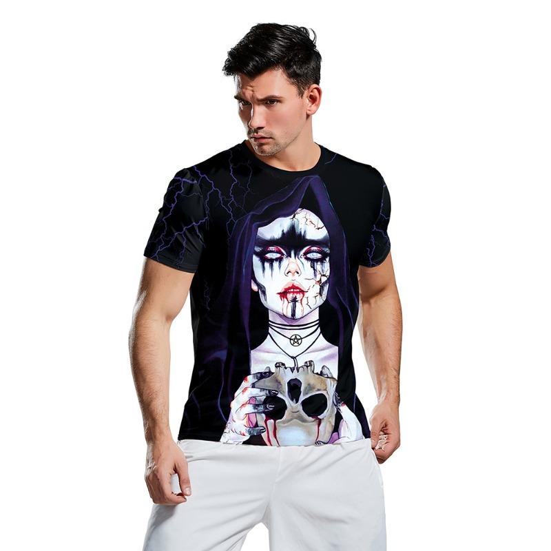 Summer Halloween skull digital printed shirt, men's and women's plus size crew neck short sleeves