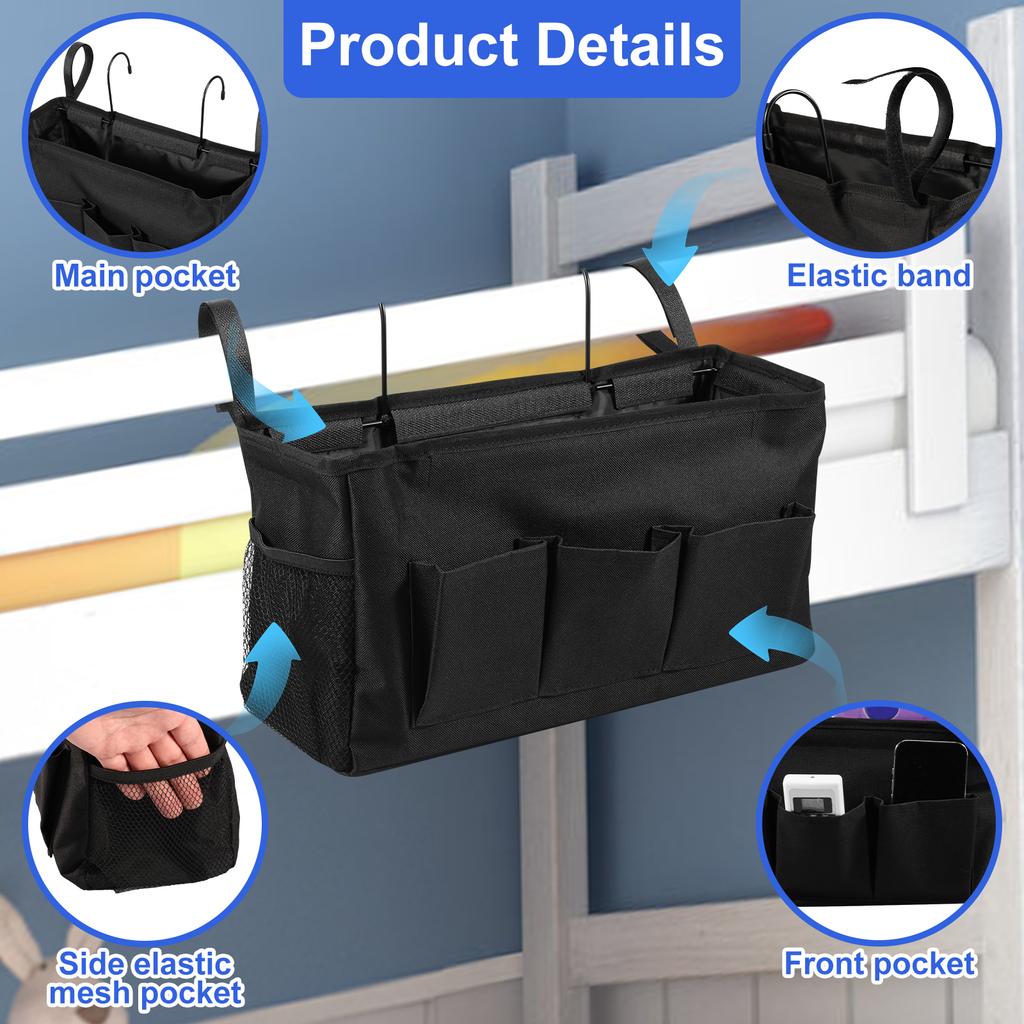 Bedside Caddy Storage Bag Oxford Cloth Multi Pockets Hanging Bag Large Capacity Hanging Storage Organizer with Metal Hook