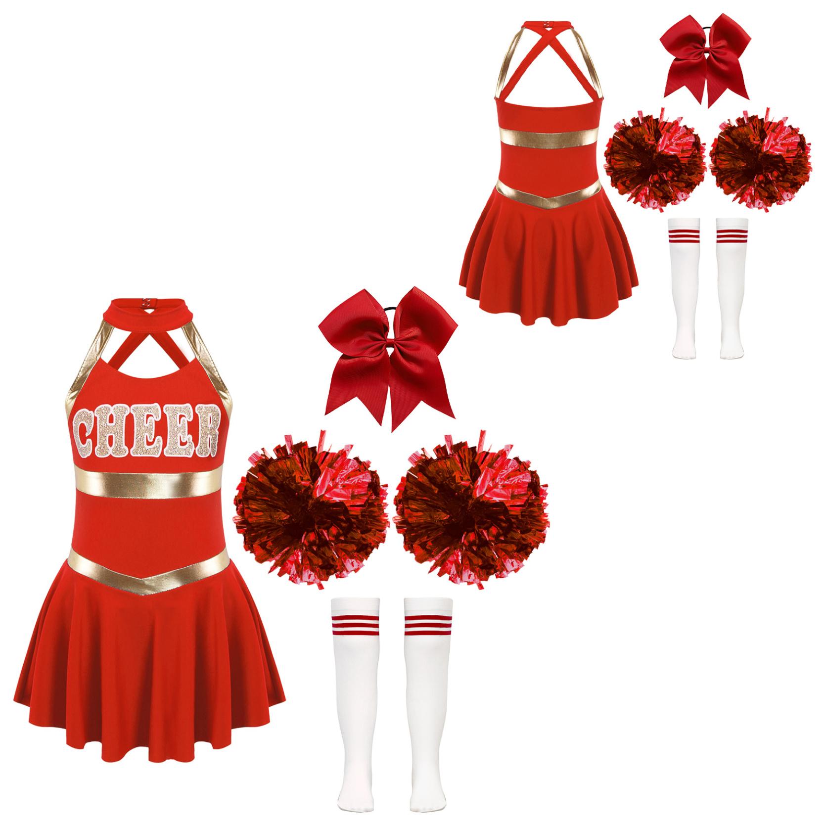 

Детские костюмы группы поддержки для девочек, лоскутное танцевальное платье без рукавов с буквенным принтом, головные уборы с бантом и цветами, полосатые носки-трубочки