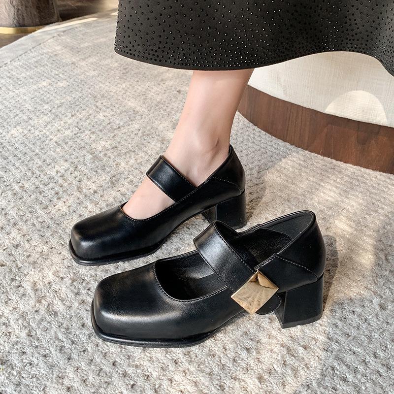 Retro Square Head Word with Thick Heel Mary Jane Shoes Literary Small Leather Shoes Women's Shoes Versatile High Heel Single Shoes Women
