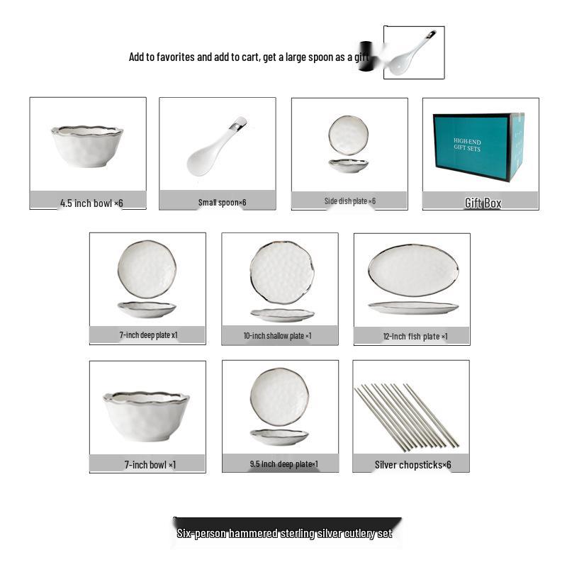 Elegant Hammered Silver Edge Ceramic Bowl & Plate Set - Perfect Housewarming Gift