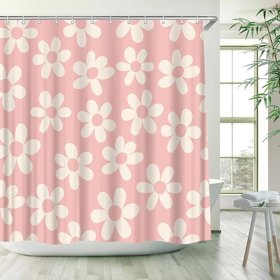 Pink Floral Shower Curtain Kids Decor Spring Flower Park Forest Road Landscape Scenic Bathroom Curtain Decor Set with 12 Hooks