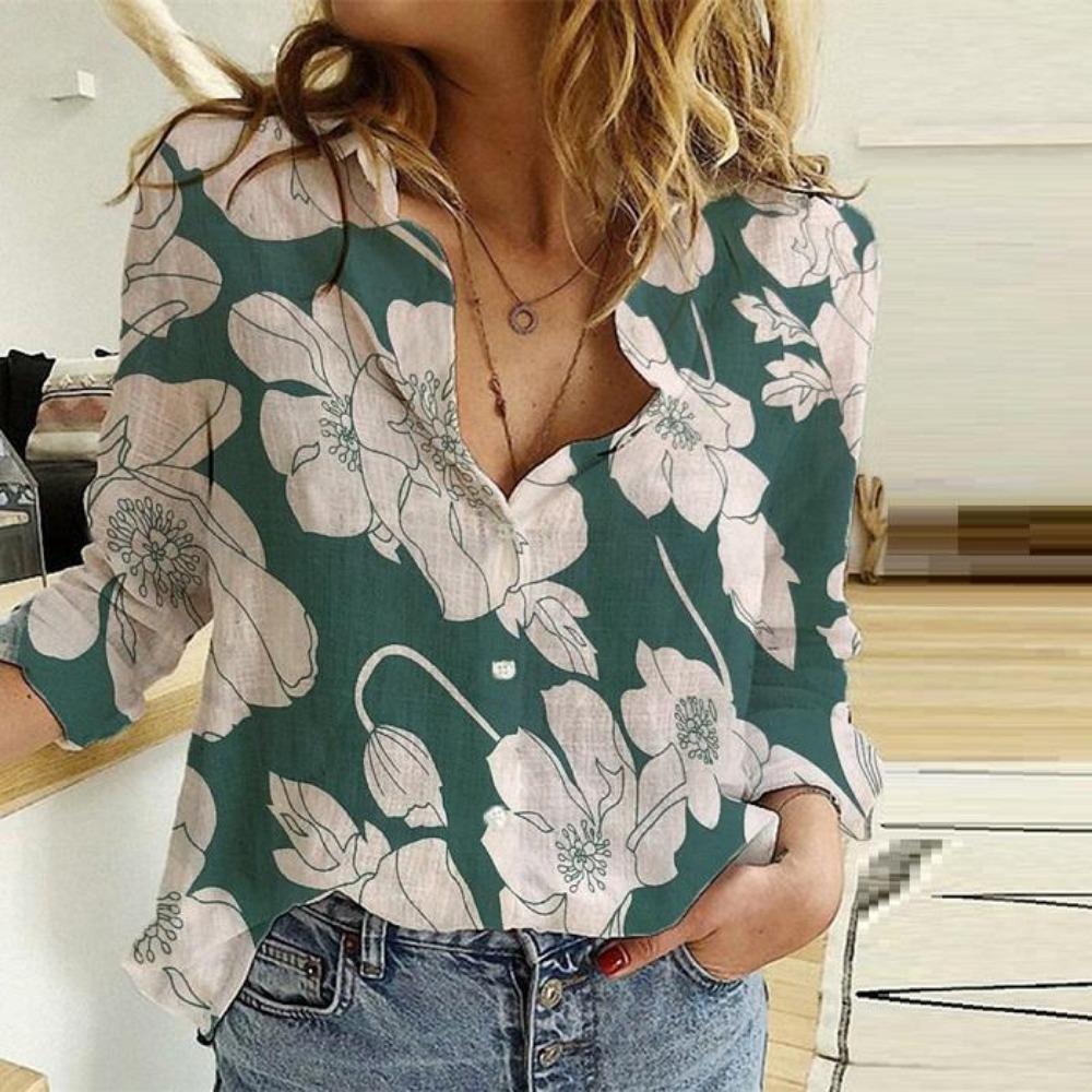 Frühling Herbst Button Up Frauen Blumendruck Langarmshirts Plus Size Tops Baumwolle Leinen Blusen