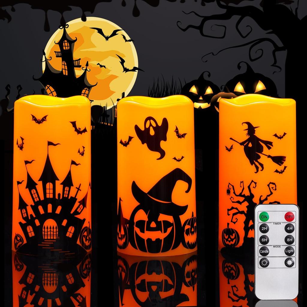 Halloween Candles, Orange Flameless Candles, Battery Operated LED Pillar Candles with Remote Timers Set of 3
