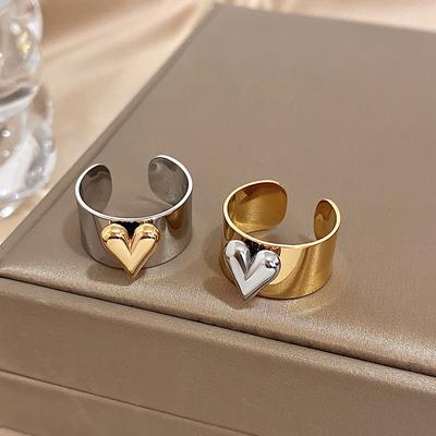 Flashbuy Stainless Steel Rings for Women Gold Copper Color Love Heart Open Ring Statement Fashion Zircon Gift