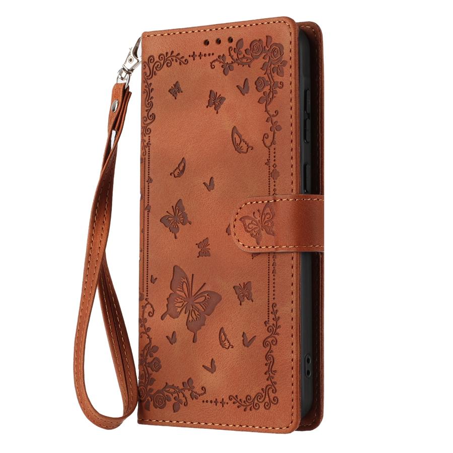 Retro Embossed Flower and Butterfly Phone Case for iPhone 17 16 15 Skin Feel PU Leather Card Slots Wallet Case with Wristband for Samsung S25 S24 S23