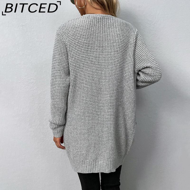 BITCED Autumn/Winter Women's Knitwear Solid-Colour Pocket Cardigan Sweater